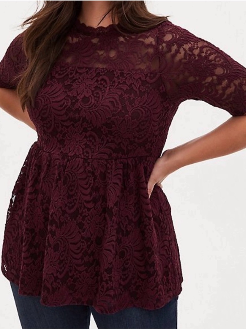 torrid 00 Burgundy Lace Peplum Tunic